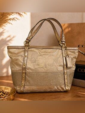 Coach Gold Signature Tote Bag | Metallic Jacquard Shoulder Bag Y2K